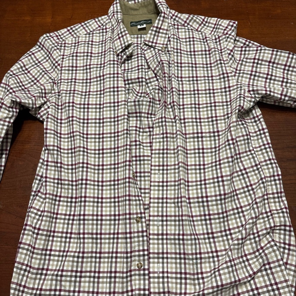 Eddie Bauer Men's Plaid Button-Down Shirt in Burgundy and White